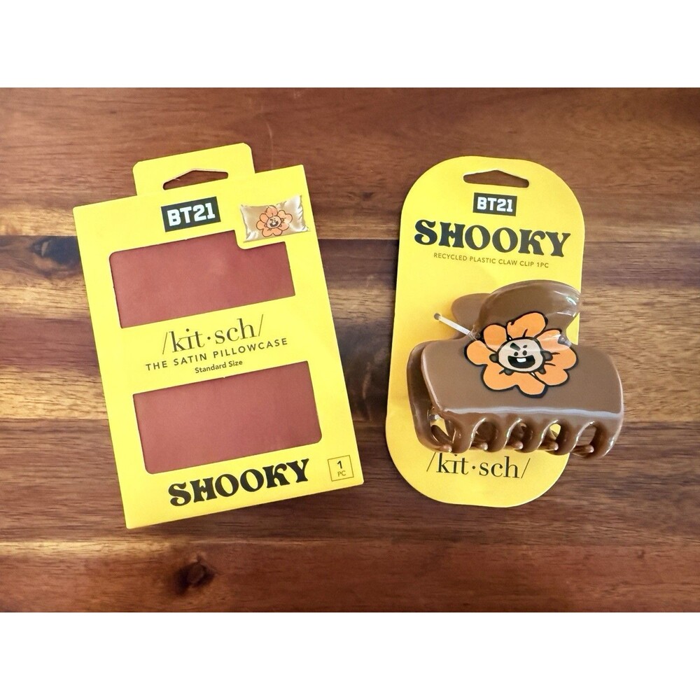 NWT Kitsch x BT21 Shooky Satin Pillowcase Standard Size & Claw Clip Set BTS Suga